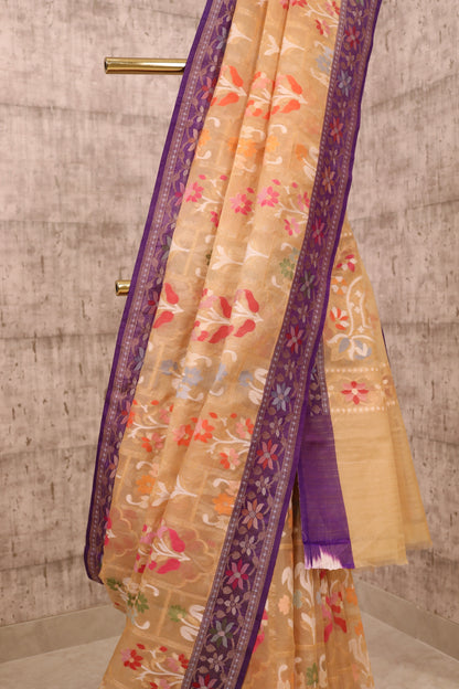 Handwoven Beige Kora Silk Jamdani Saree with Silk Borders