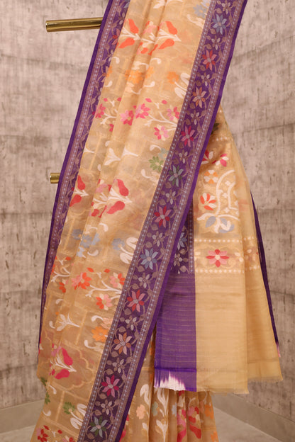 Handwoven Beige Kora Silk Jamdani Saree with Silk Borders