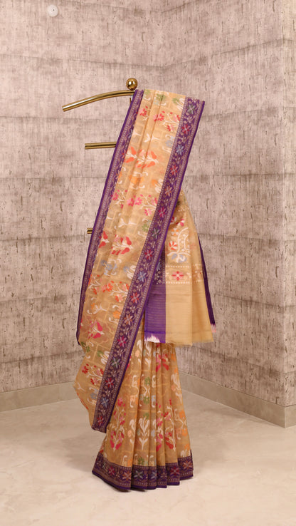 Handwoven Beige Kora Silk Jamdani Saree with Silk Borders