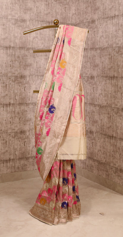 Handwoven Ivory Silk Rangkat Banarasi Saree