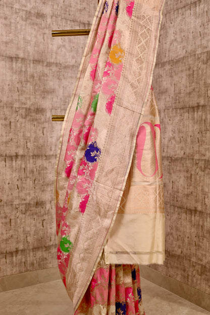 Handwoven Ivory Silk Rangkat Banarasi Saree