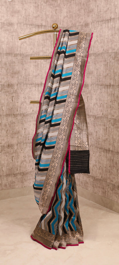 Handwoven Blue Black Chevron Silk Rangkat Banarasi Saree