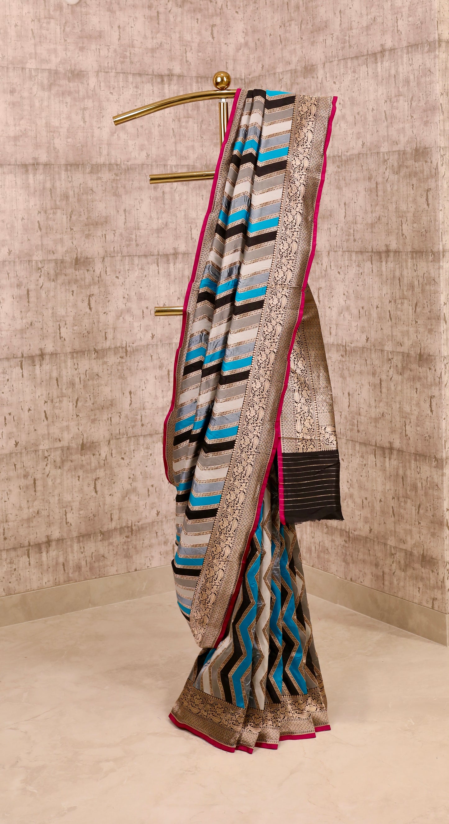 Handwoven Blue Black Chevron Silk Rangkat Banarasi Saree