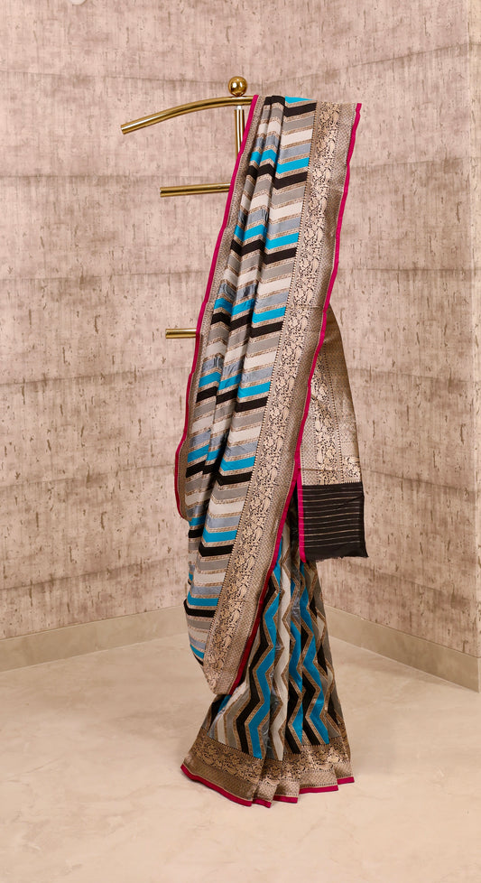 Handwoven Blue Black Chevron Silk Rangkat Banarasi Saree