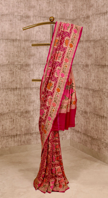 Handwoven Pink Georgette Floral Meenakari Bandhanu Saree