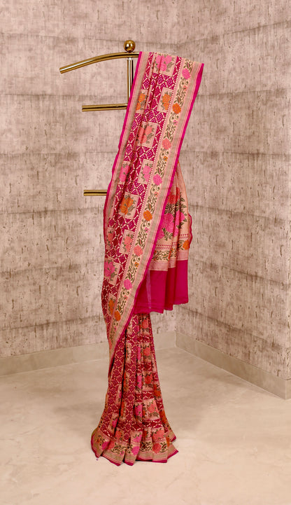 Handwoven Pink Georgette Floral Meenakari Bandhanu Saree
