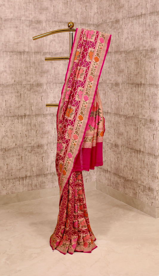Handwoven Pink Georgette Floral Meenakari Bandhanu Saree