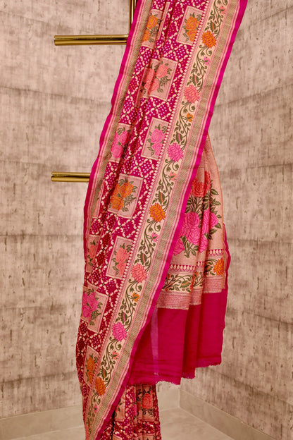 Handwoven Pink Georgette Floral Meenakari Bandhanu Saree