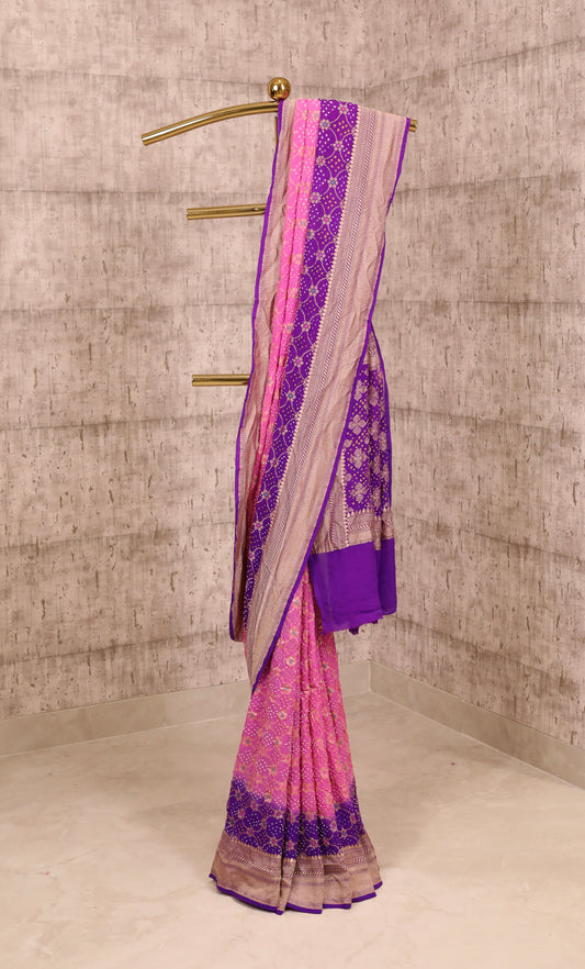 Handwoven Purple and Pink Georgette Bandhani Saree