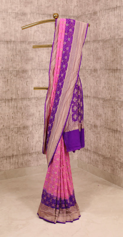 Handwoven Purple and Pink Georgette Bandhani Saree