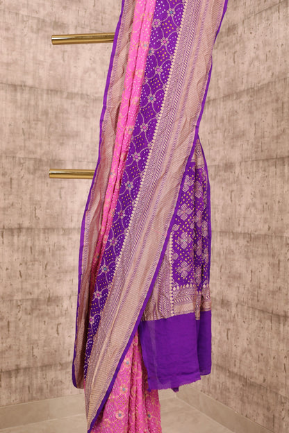 Handwoven Purple and Pink Georgette Bandhani Saree