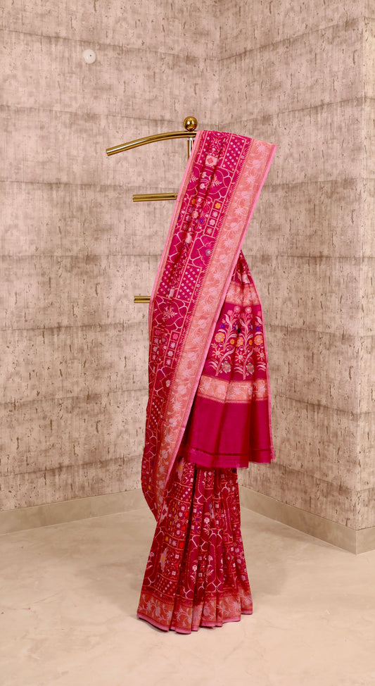 Handwoven Cotton by Kora Hot Pink Jamdani Saree with Light Pink Borders