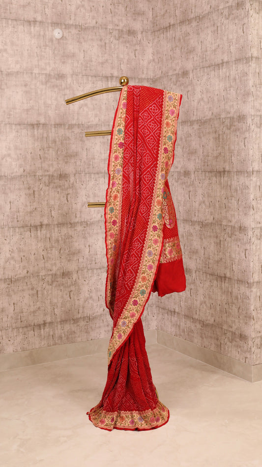 Handwoven Red Rai Dana Bandhej Georgette Saree