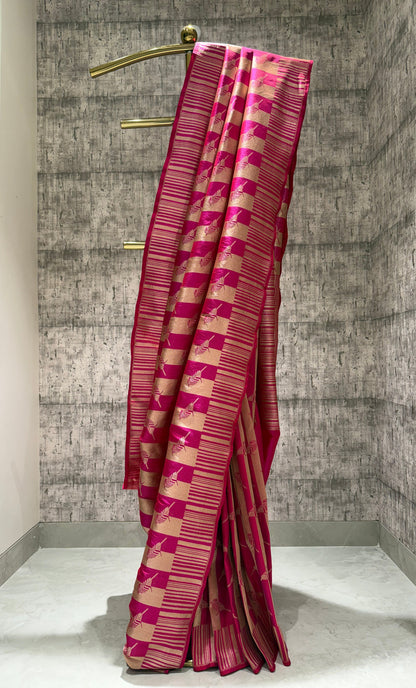 Handwoven pink striped bird banarasi saree