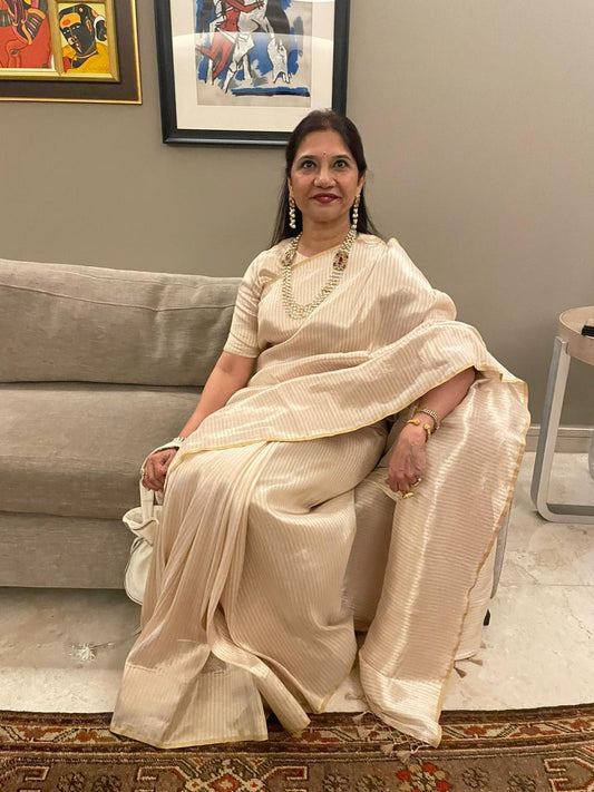 Handwoven Ivory & Gold Striped Tissue Silk Saree