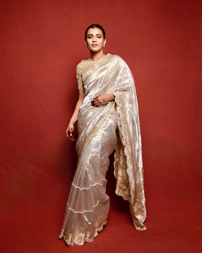 Handwoven Pearl Tissue Embroidered Banarasi Saree