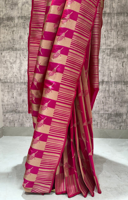 Handwoven pink striped bird banarasi saree