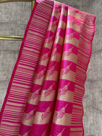 Handwoven pink striped bird banarasi saree