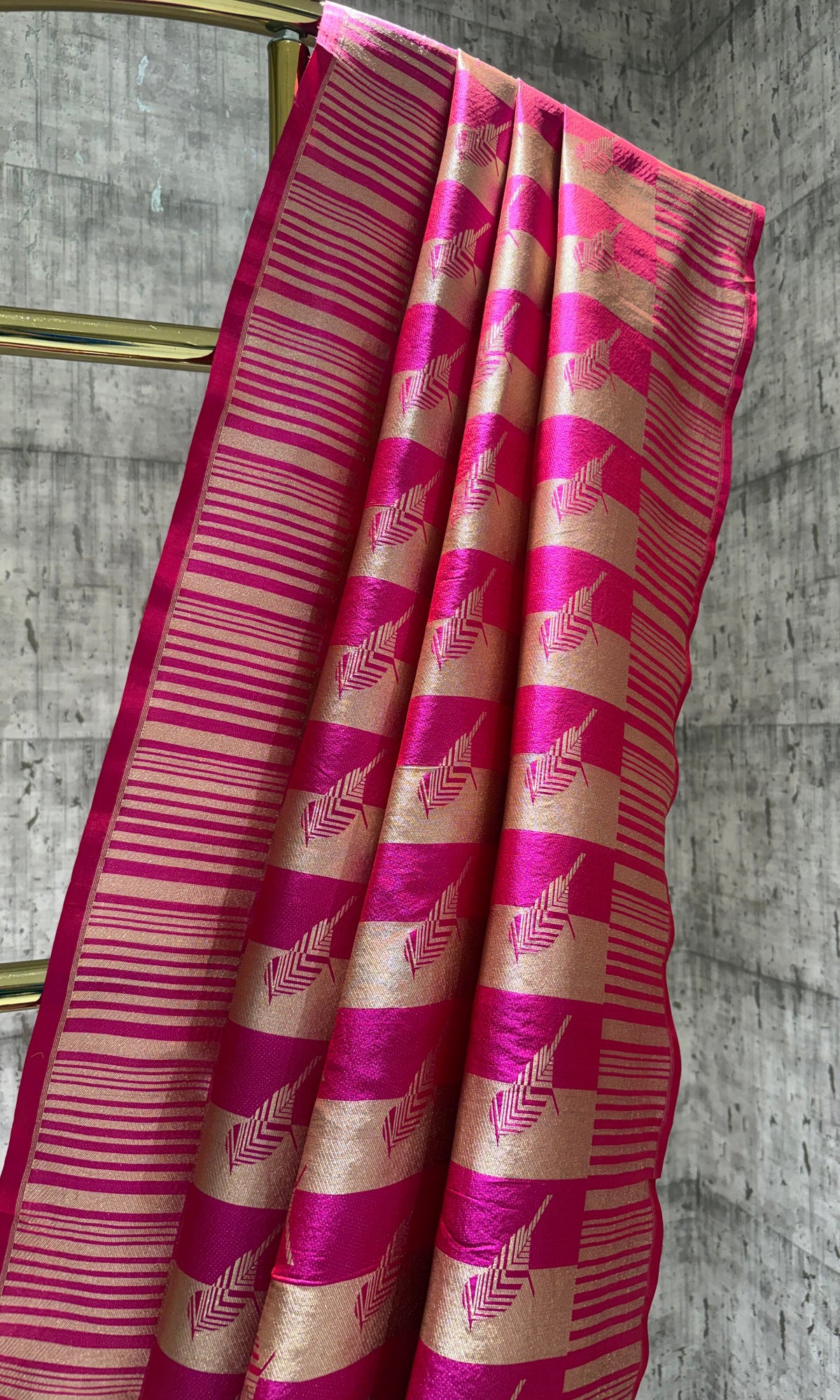 Handwoven pink striped bird banarasi saree