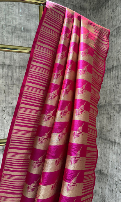 Handwoven pink striped bird banarasi saree