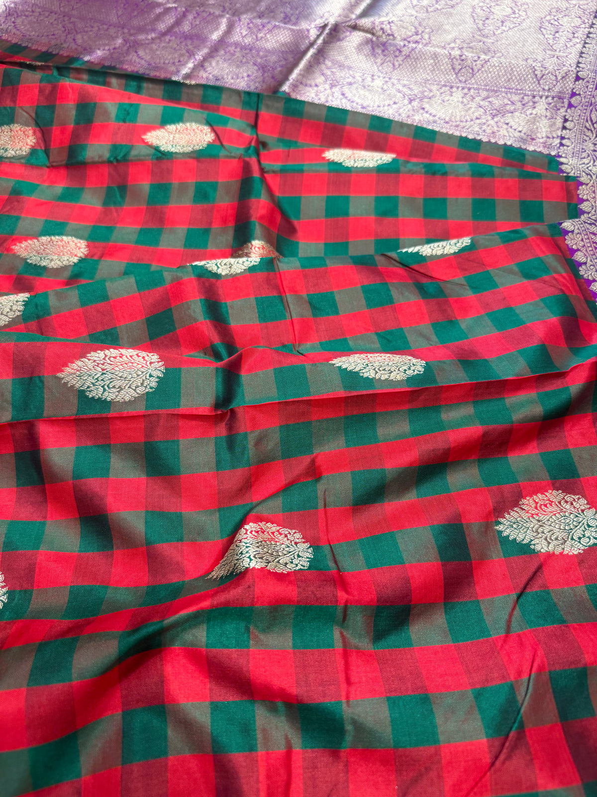 Handwoven checkered katan silk saree