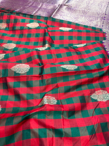 Handwoven checkered katan silk saree