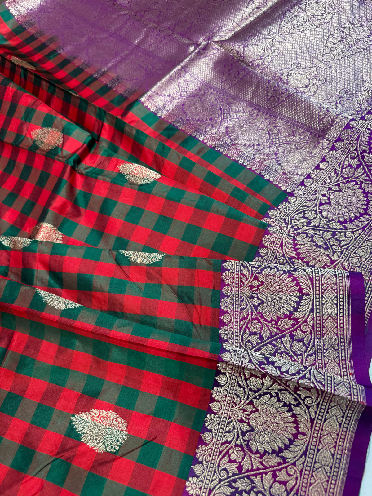 Handwoven checkered katan silk saree