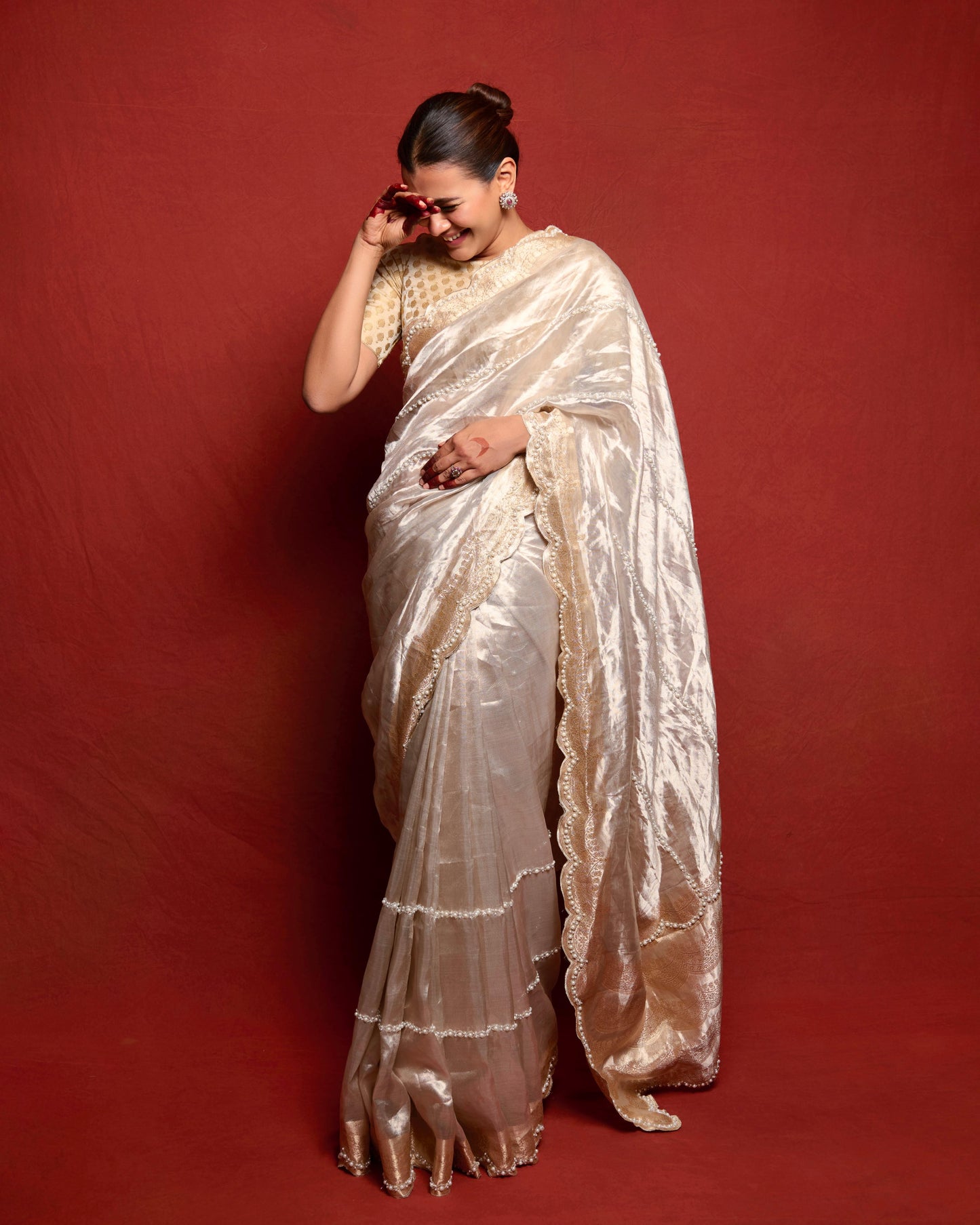 Handwoven Pearl Tissue Embroidered Banarasi Saree