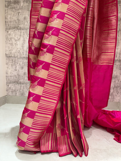 Handwoven pink striped bird banarasi saree