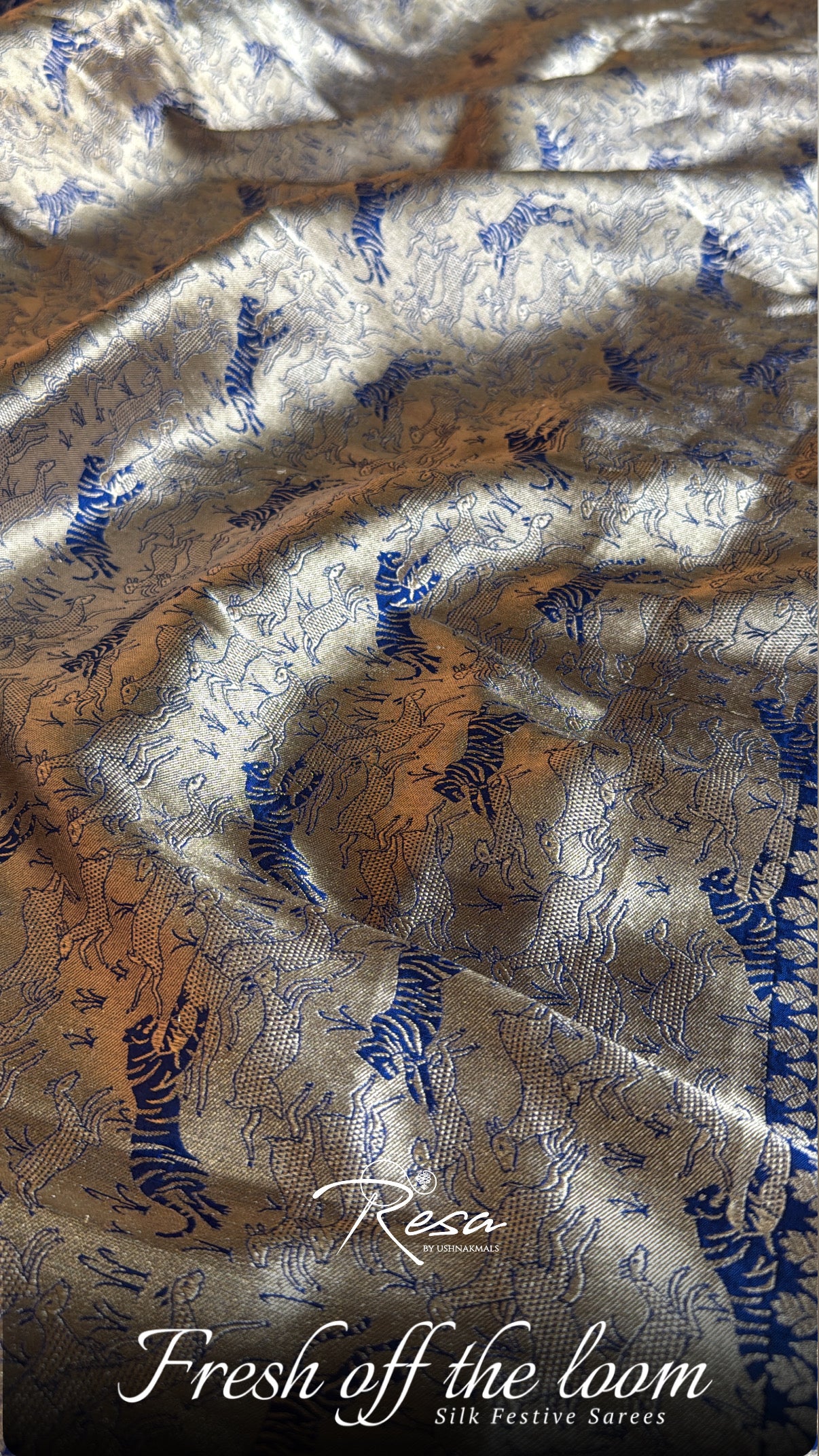 Handwoven Blue Brocade Shikargah Banarasi Saree