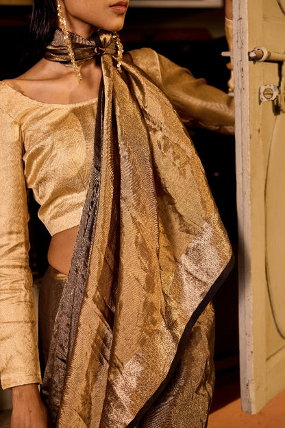 Handwoven Black And Gold Half And Half Saree