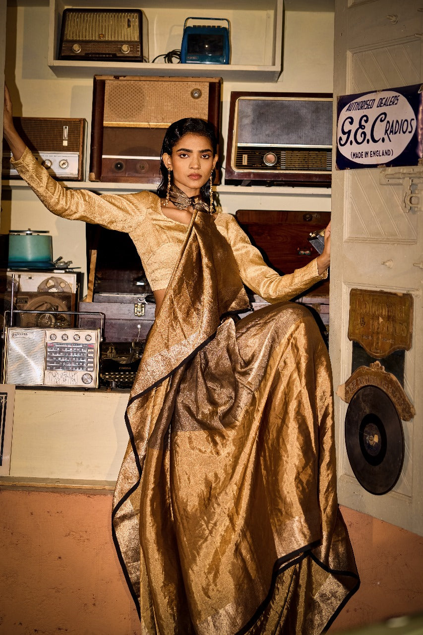 Handwoven Black And Gold Half And Half Saree