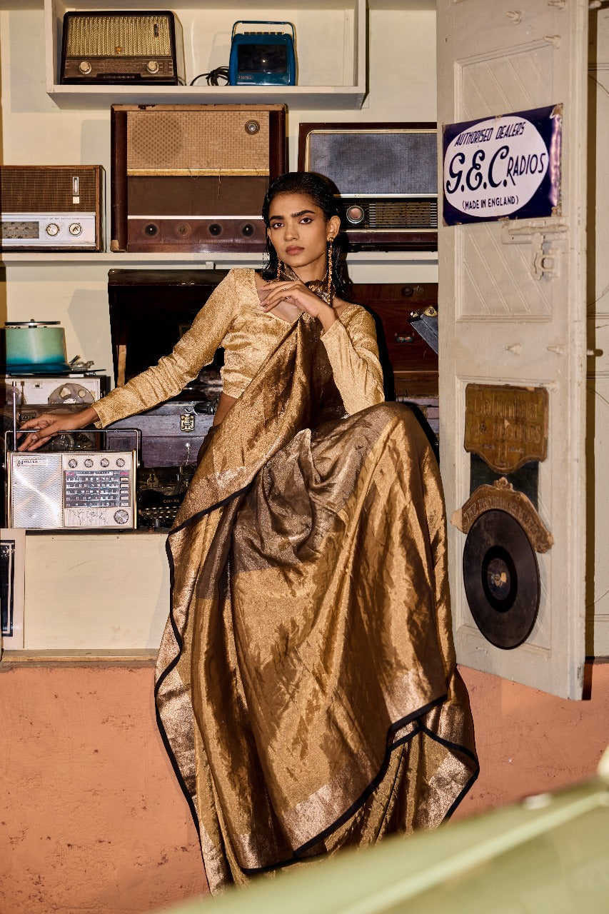 Handwoven Black And Gold Half And Half Saree