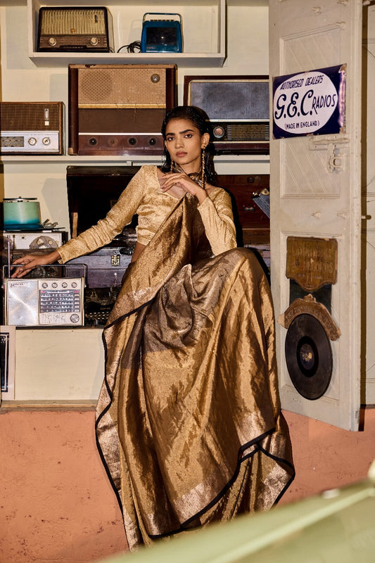 Handwoven Black And Gold Half And Half Saree