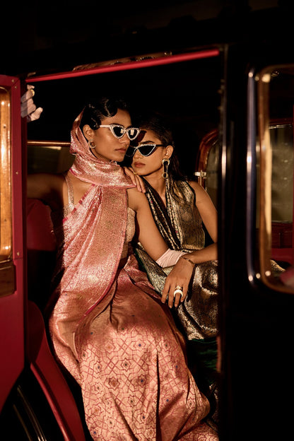 Handwoven Blush Pink Abstract Brocade Meenakari Silk Saree