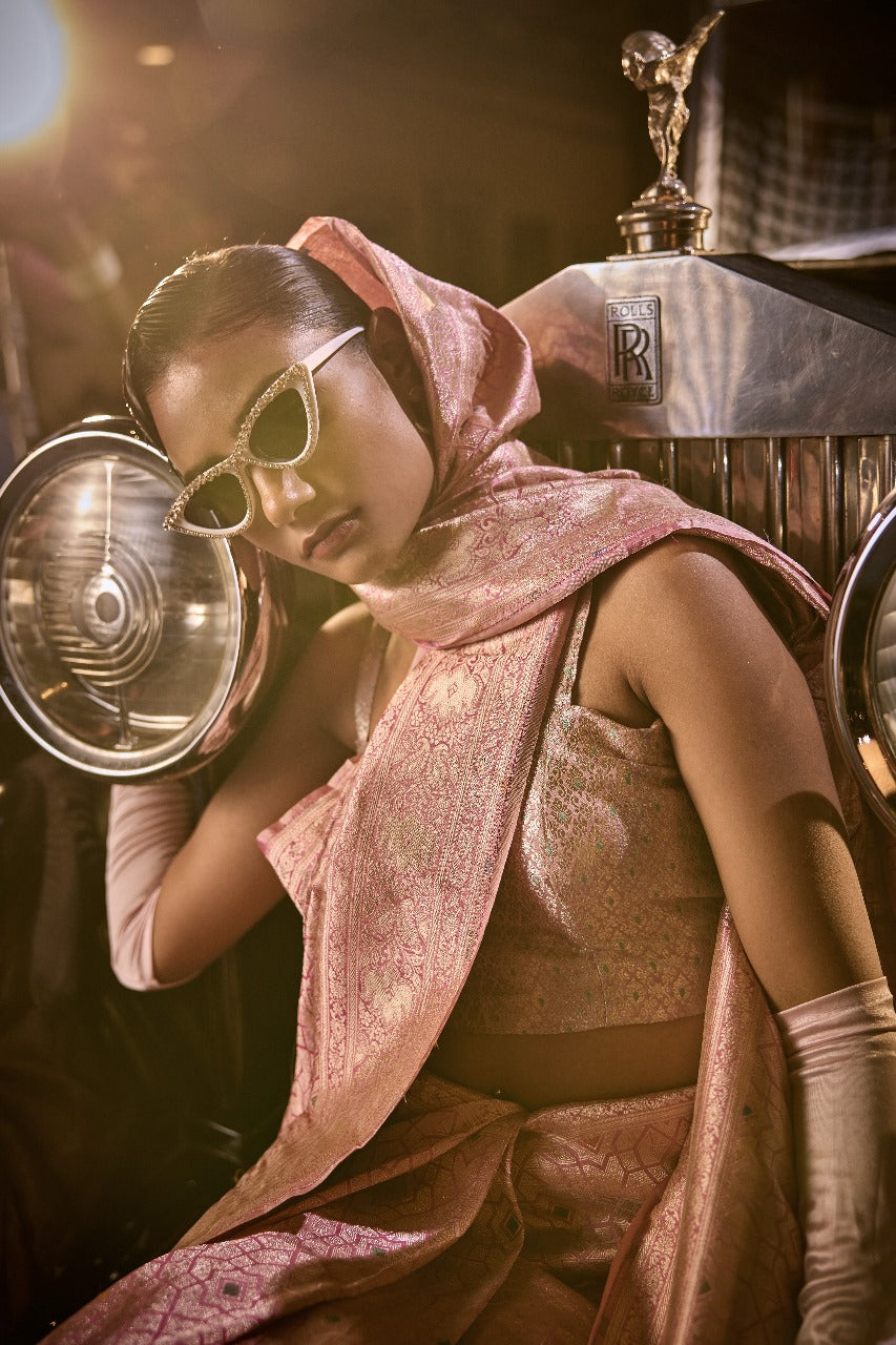 Handwoven Blush Pink Abstract Brocade Meenakari Silk Saree