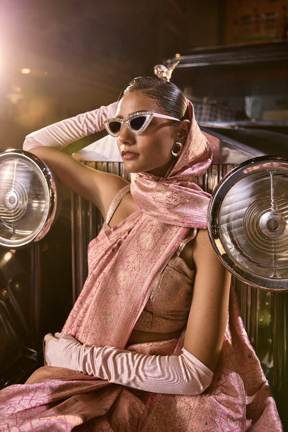 Handwoven Blush Pink Abstract Brocade Meenakari Silk Saree