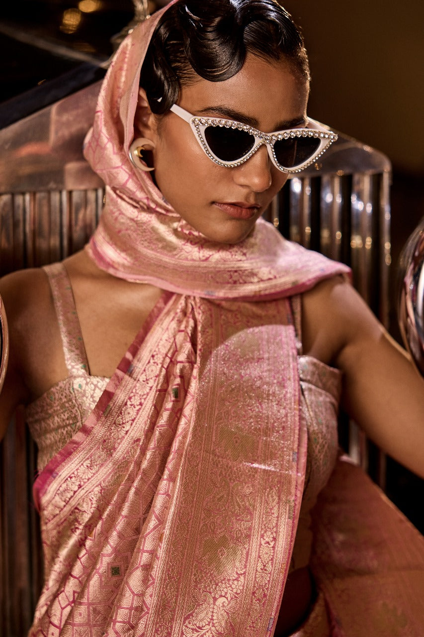 Handwoven Blush Pink Abstract Brocade Meenakari Silk Saree