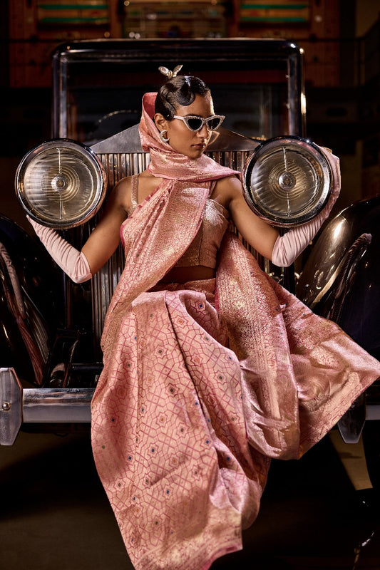 Handwoven Blush Pink Abstract Brocade Meenakari Silk Saree