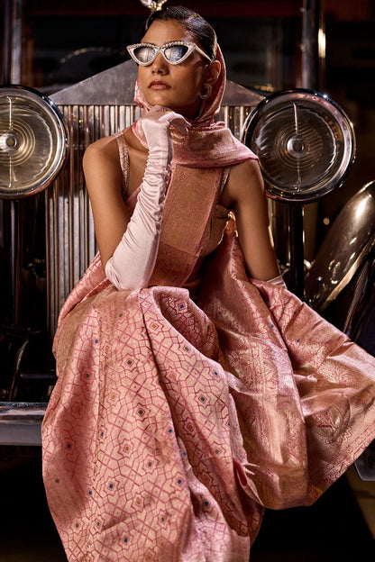 Handwoven Blush Pink Abstract Brocade Meenakari Silk Saree