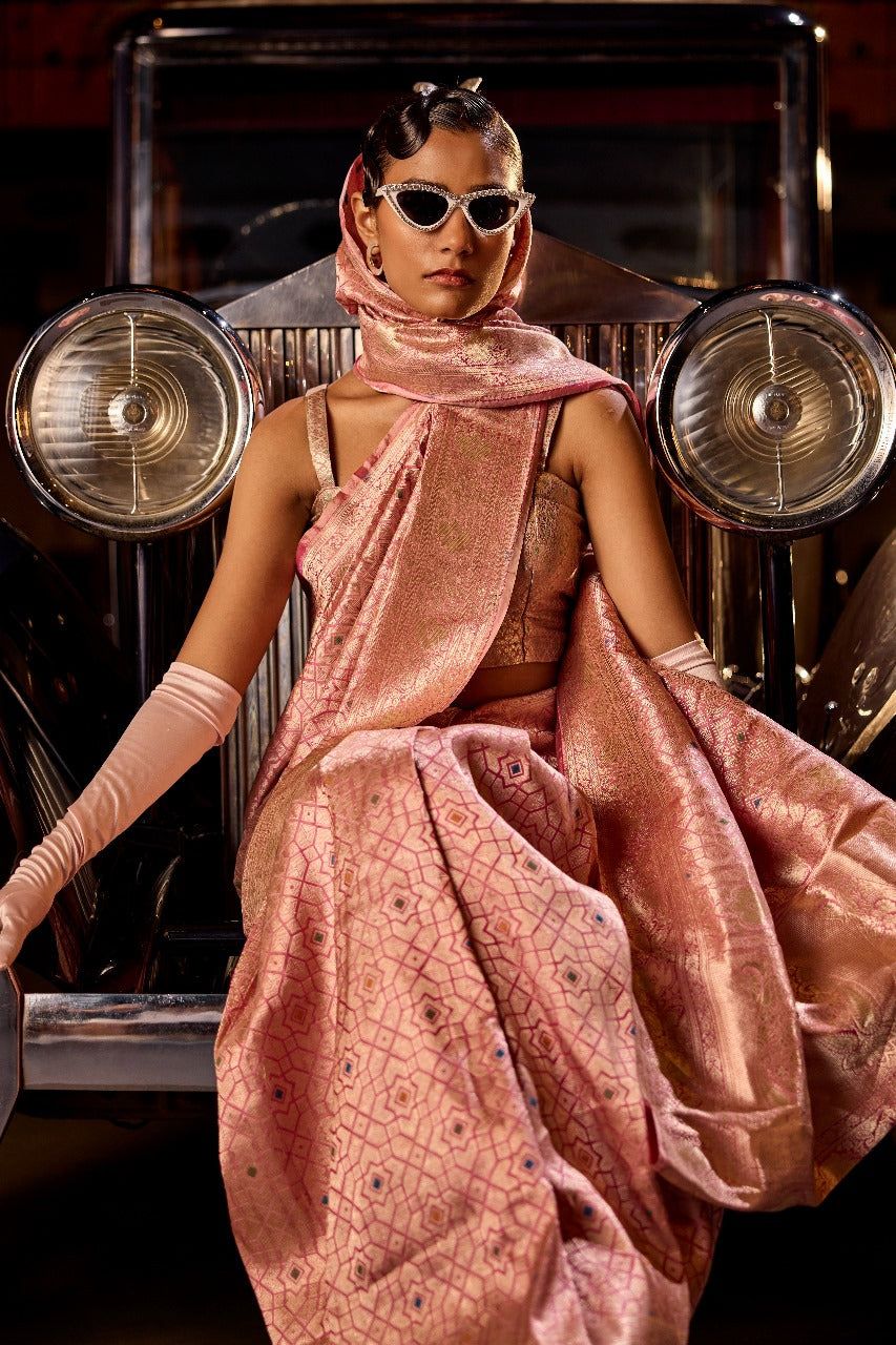 Handwoven Blush Pink Abstract Brocade Meenakari Silk Saree