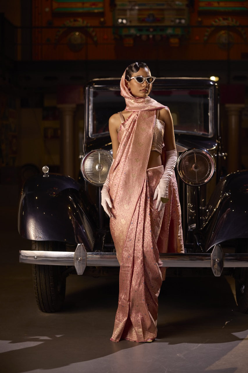 Handwoven Blush Pink Abstract Brocade Meenakari Silk Saree