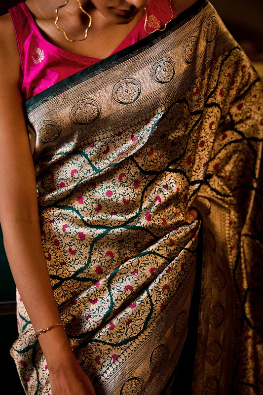 Handwoven Bottle Green Brocade Abstract Meenakari Saree