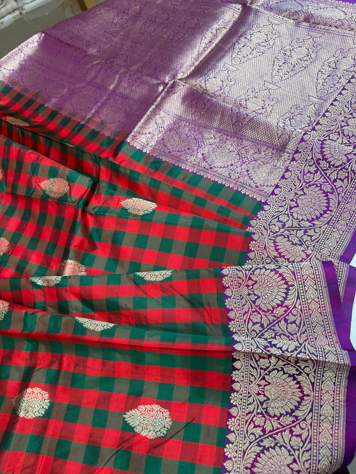 Handwoven checkered katan silk saree