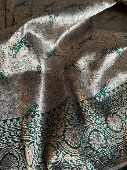 Handwoven Bottle Green Brocade Shikargah Banarasi Saree