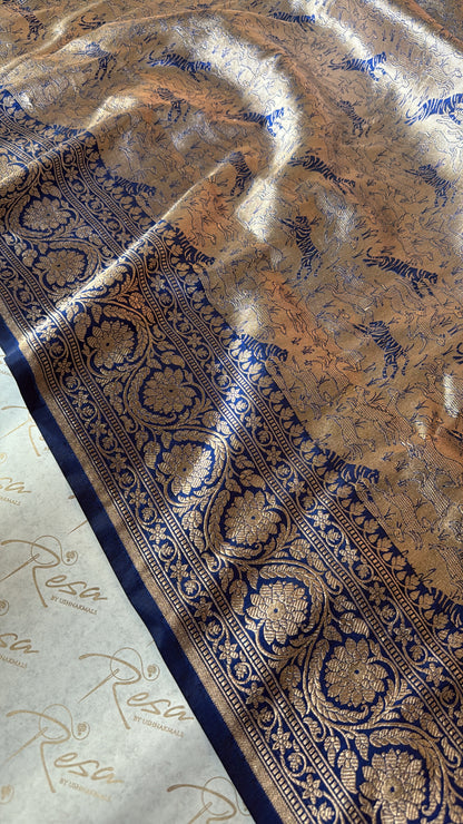 Handwoven Blue Brocade Shikargah Banarasi Saree