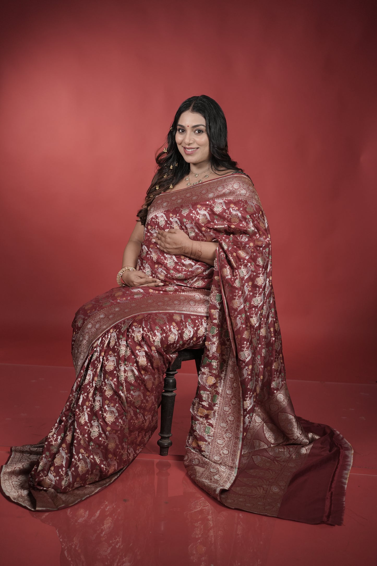 Handwoven Maroon Silk Shikargah Jaal Saree