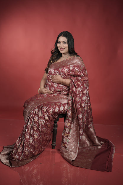 Handwoven Maroon Silk Shikargah Jaal Saree