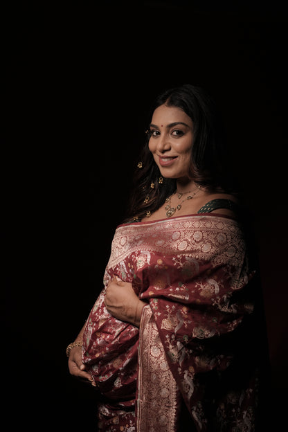 Handwoven Maroon Silk Shikargah Jaal Saree