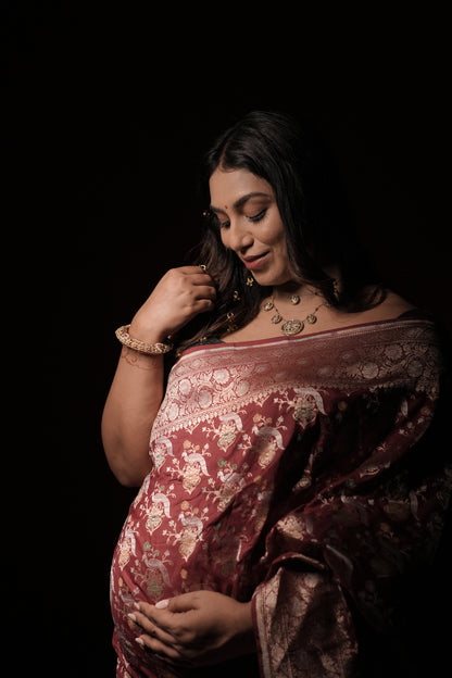 Handwoven Maroon Silk Shikargah Jaal Saree